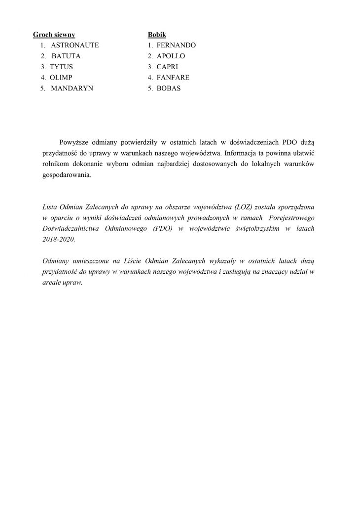 Lista odmian zalecanych do uprawy na obszarze województwa